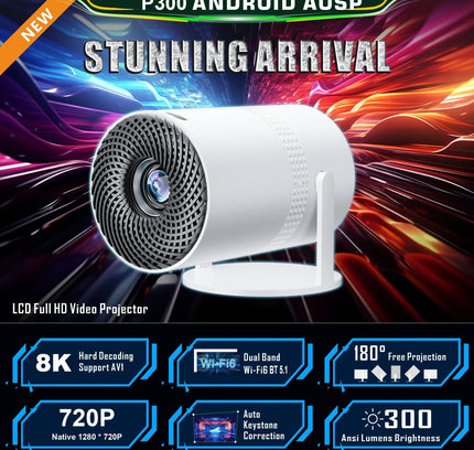 Salange P300 Mini Portable Projector - 4K 8K Video Decoding, 720P HD, Android 11, Wi-Fi, BT 5.1